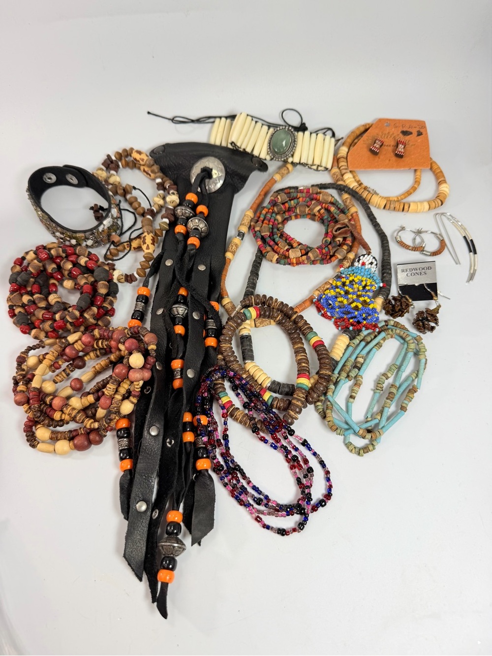 18 Piece Jewelry Lot Wearable Pony Tail Wrap Necklace Bracelet Seed Bead Wood
